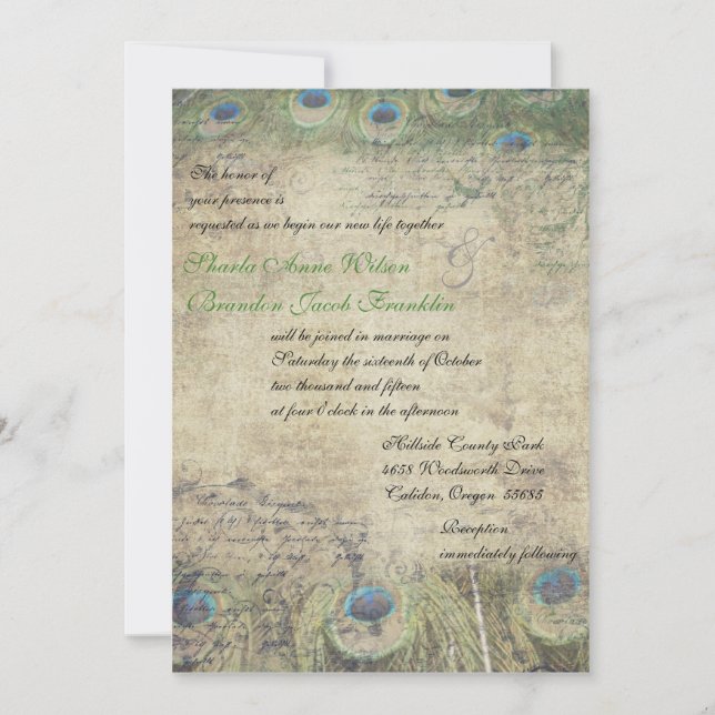 Invitación a la boda de pavo real (Anverso)