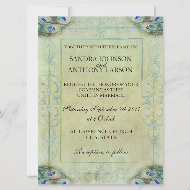 Invitación a la boda de pavo real (Anverso)