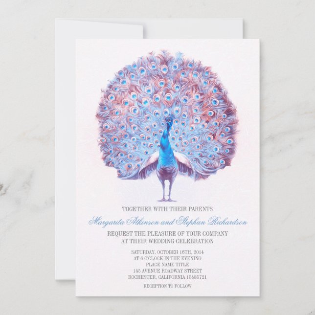 invitación a la boda de pavo real azul (Anverso)
