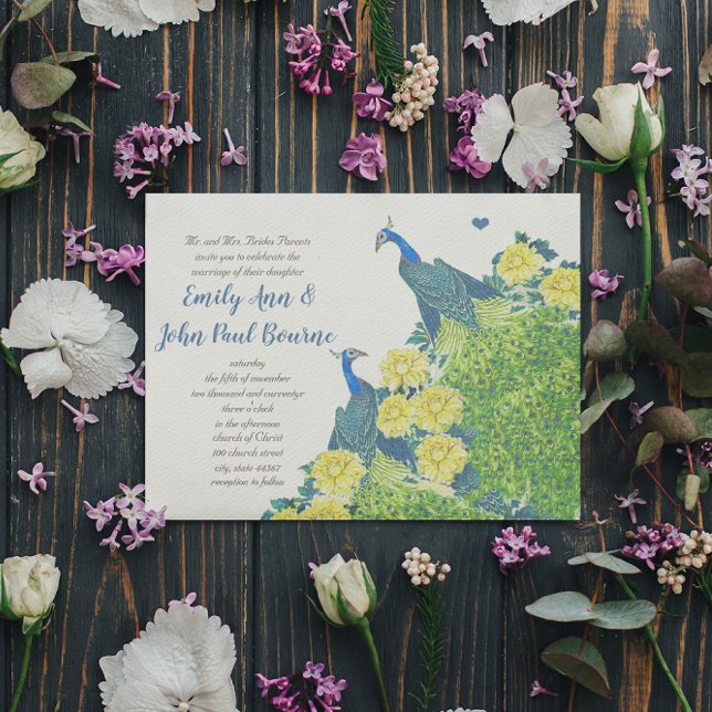 Invitación a la boda de pavo real azul y amarillo (Subido por el creador)