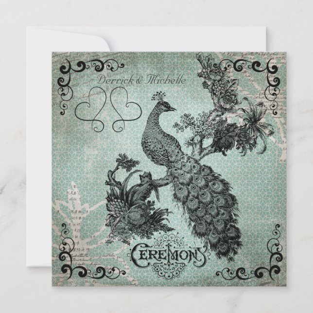 Invitación a la boda de pavo real con diseño azul (Anverso)