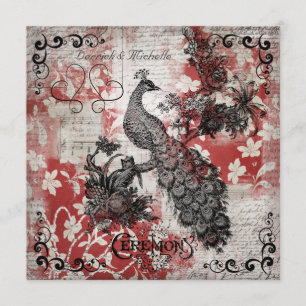 Invitación a la boda de pavo real con flores rojas