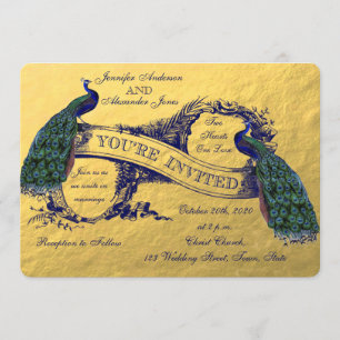 Invitación a la boda de pavo real de oro