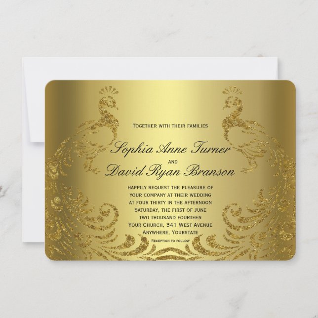 Invitación a la Boda de Pavo Real Faux Gold Resume (Anverso)
