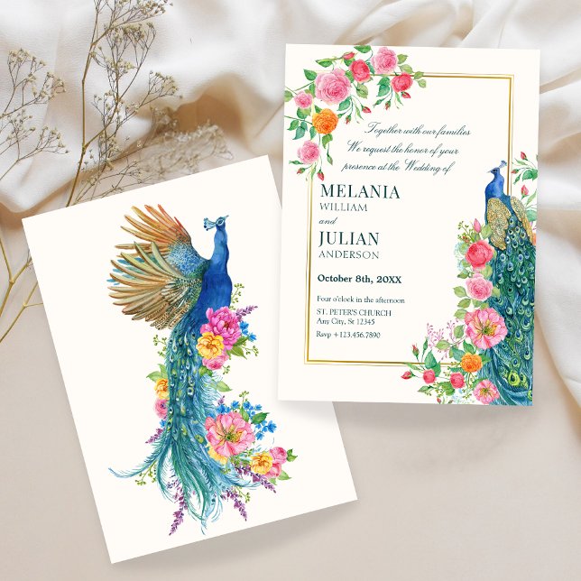 Invitación a la boda de pavo real floral (Subido por el creador)