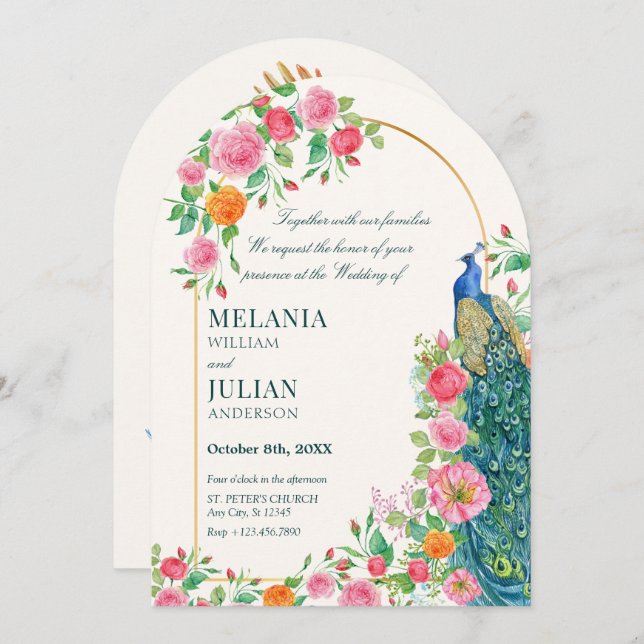 Invitación a la boda de pavo real floral (Anverso / Reverso)