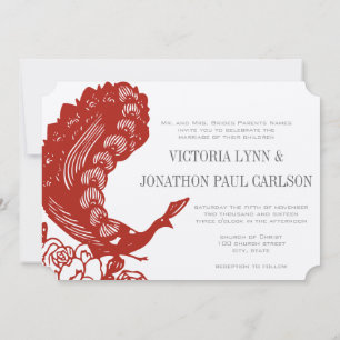 Invitación a la boda de pavo real moderna y roja d