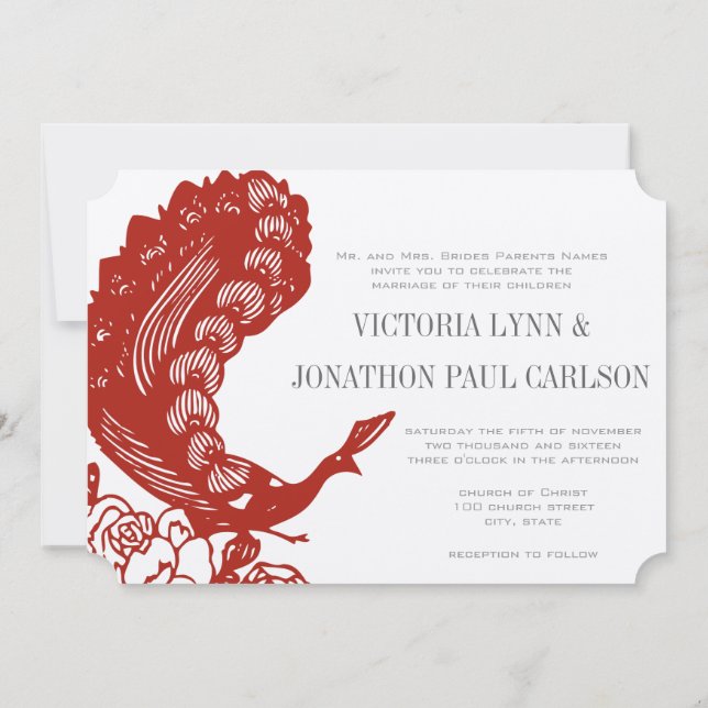 Invitación a la boda de pavo real moderna y roja d (Reverso)