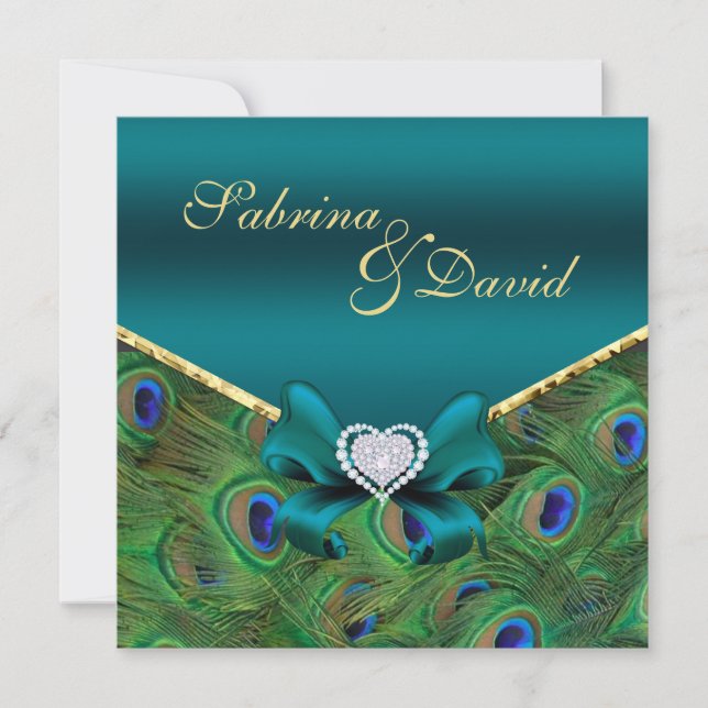 Invitación a la boda de pavo real verde azulada (Anverso)