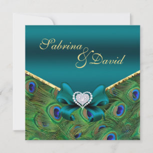 Invitación a la boda de pavo real verde azulada
