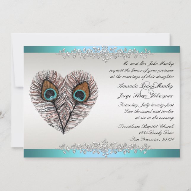 Invitación a la boda de pavo real verde azulada (Anverso)