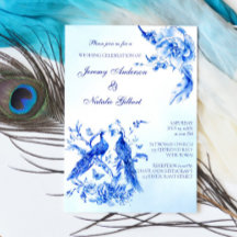 Invitación a la boda de pavo real victoriano azul