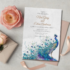 Invitación a la boda de pavo real y pluma