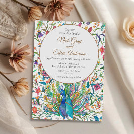 Invitación a la boda de pavo real y plumas florale