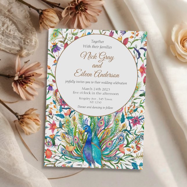 Invitación a la boda de pavo real y plumas florale (Floral Peacock Feather Wedding Invite)