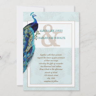 Invitación a la boda de pavos reales azul y marrón