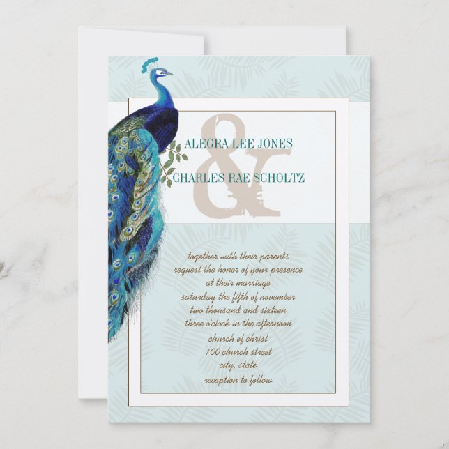 Invitación a la boda de pavos reales azul y marrón (Anverso)