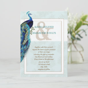 Invitación a la boda de pavos reales azul y marrón