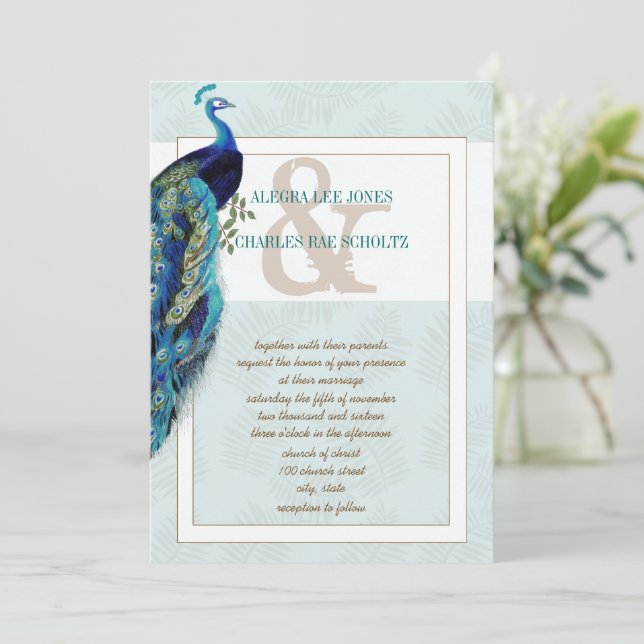 Invitación a la boda de pavos reales azul y marrón (Anverso de pie)