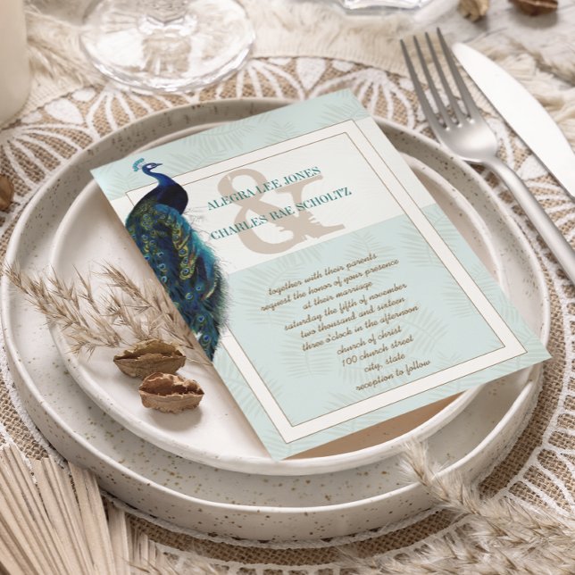 Invitación a la boda de pavos reales azul y marrón (Subido por el creador)