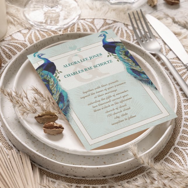 Invitación a la boda de pavos reales azul y marrón (Subido por el creador)
