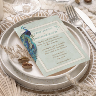 Invitación a la boda de pavos reales azul y marrón