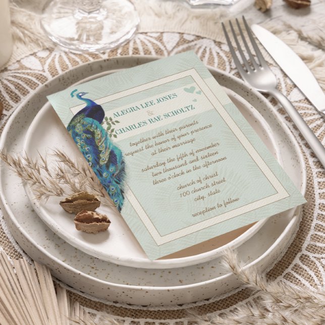 Invitación a la boda de pavos reales azul y marrón (Subido por el creador)