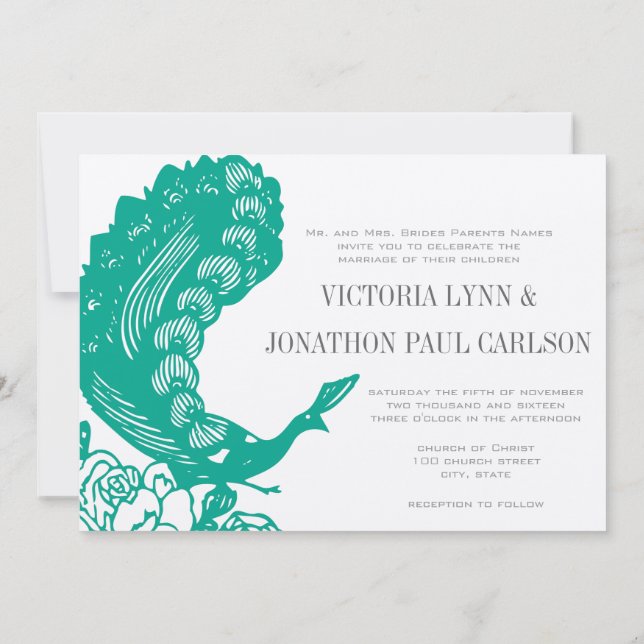 Invitación a la boda de pavos reales modernos con  (Reverso)