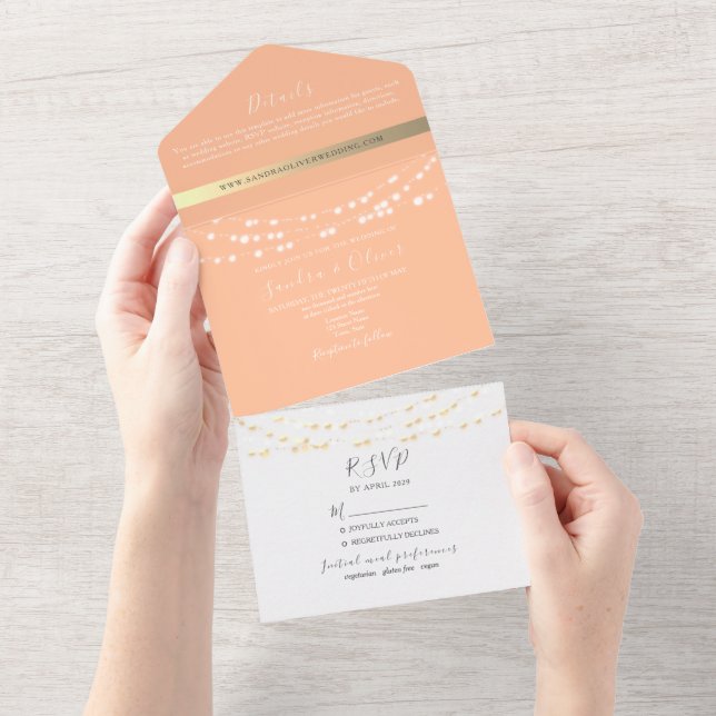 Invitación a la boda de Peach con luces de cadena (desgarro)