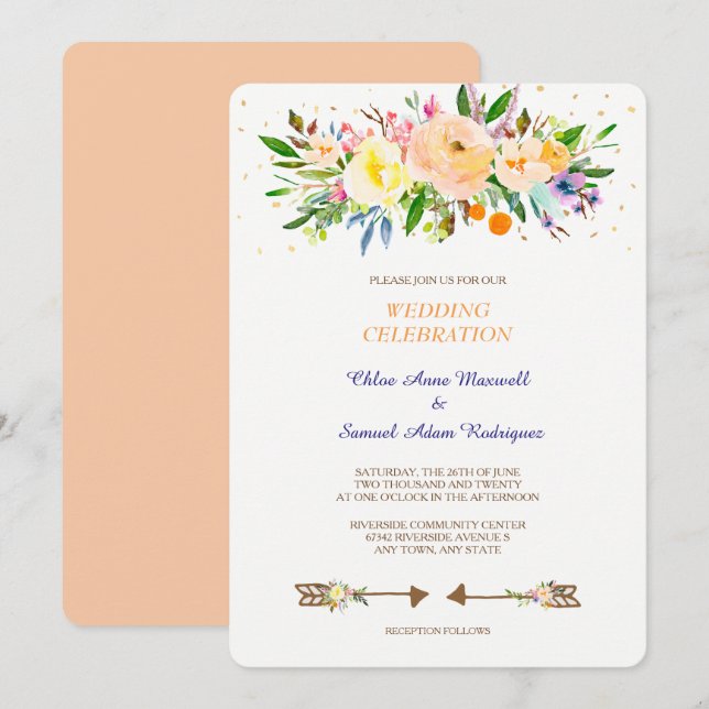 Invitación a la boda de Peach Floral Bouquet (Anverso / Reverso)