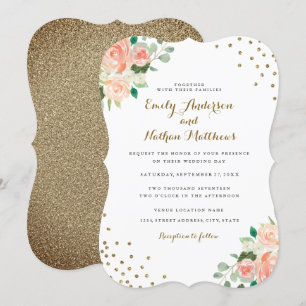 Invitación a la boda de Peach Gold Floral Confetti