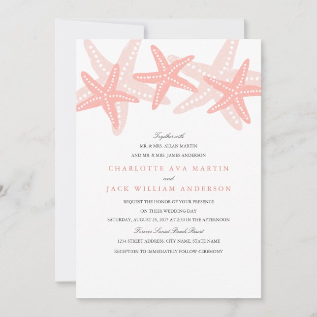 Invitación a la boda de Peach Starfish Beach (Anverso)
