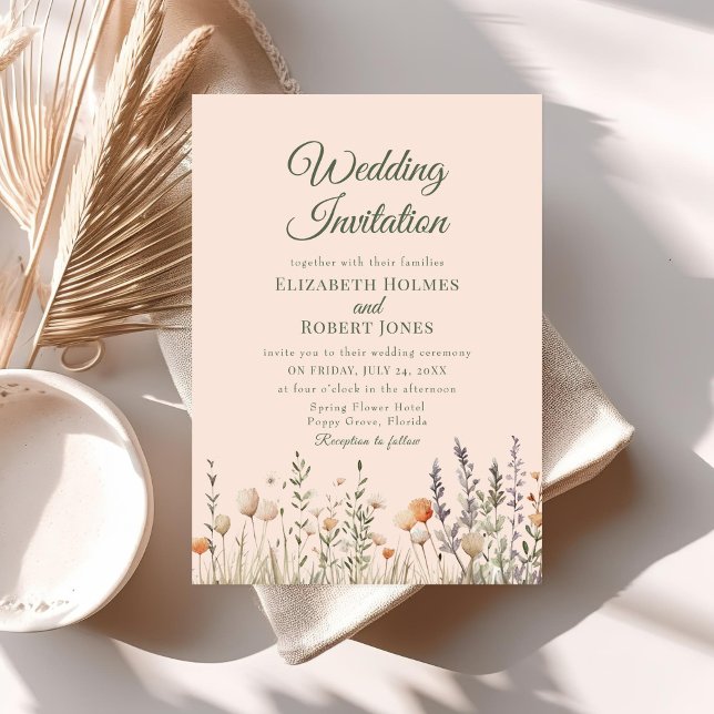 Invitación a la boda de Peach Wildflower Meadow (Peach Wildflower Meadow Wedding Invitation on a neutral boho table with dry flowers.)