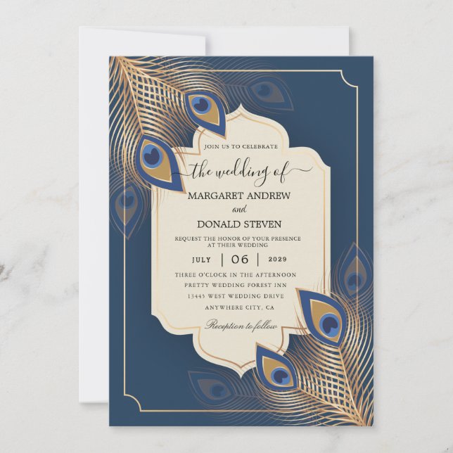 invitación a la boda de peacock plumas (Anverso)