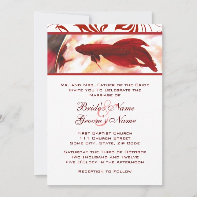 Invitación a la boda de peces Betta Roja (Anverso)