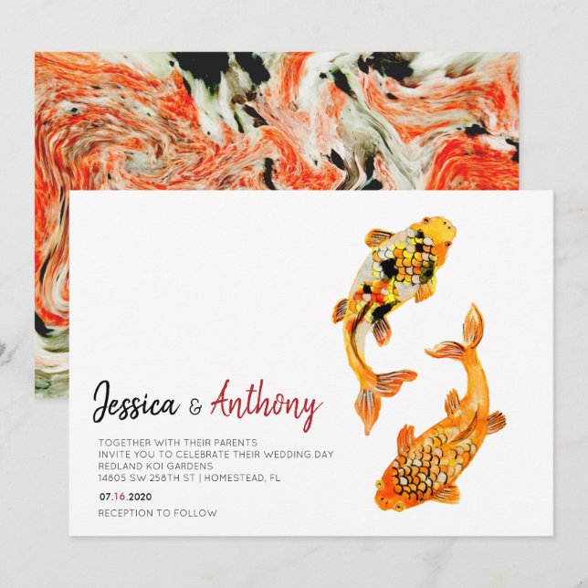 Invitación a la boda de peces de Koi (Anverso / Reverso)