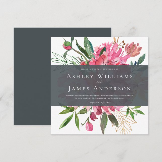 Invitación a la boda de peones rosados con flores  (Anverso / Reverso)