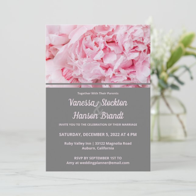 Invitación a la boda de peones rosados moderna (Anverso de pie)