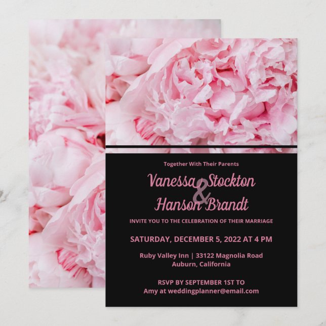 Invitación a la boda de peones rosados moderna (Anverso / Reverso)