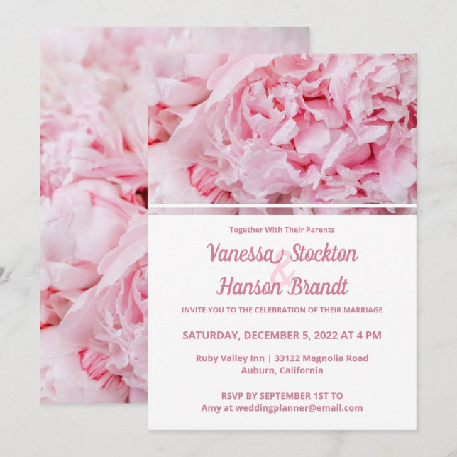 Invitación a la boda de peones rosados moderna (Anverso / Reverso)