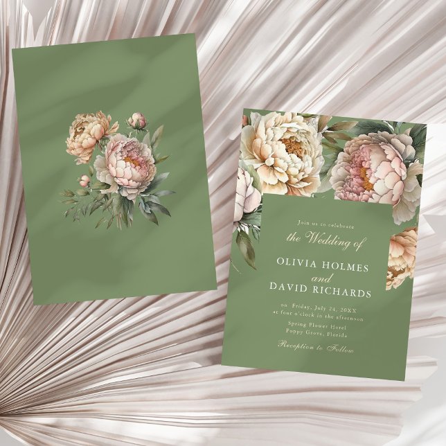 Invitación a la boda de peones rosados Sage Green  (Sage Green and Blush Pink Peony Wedding Invitation (front & back) on a sunny neutral dry palm leaf )