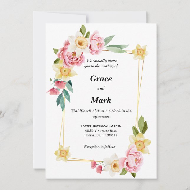 Invitación a la boda de peones rosados y daffodios (Anverso)