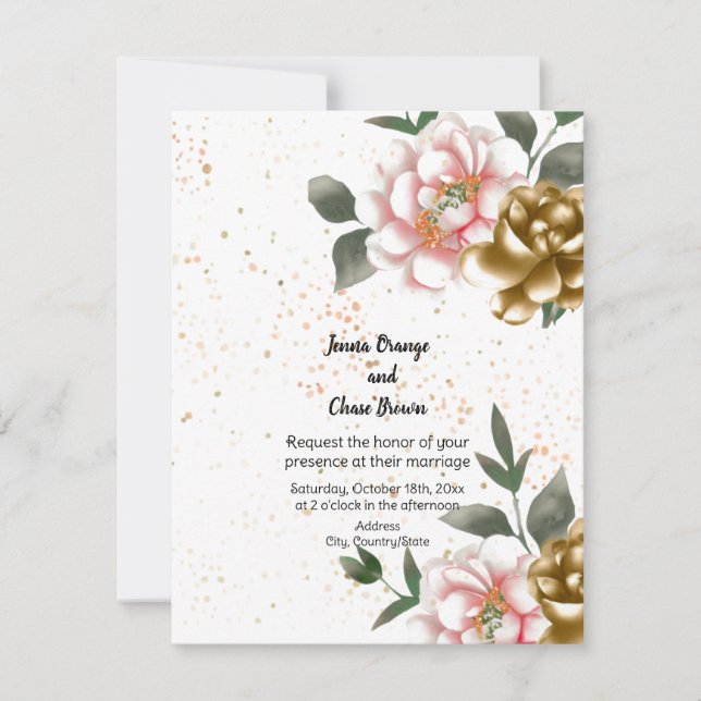 Invitación a la boda de peones rosados y de bronce (Anverso)