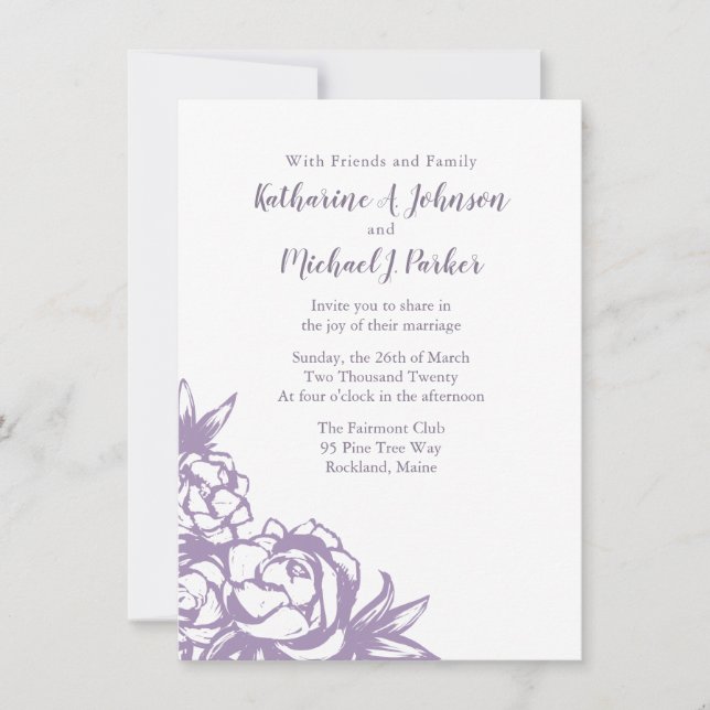 Invitación a la boda de peonies de lavanda románti (Anverso)