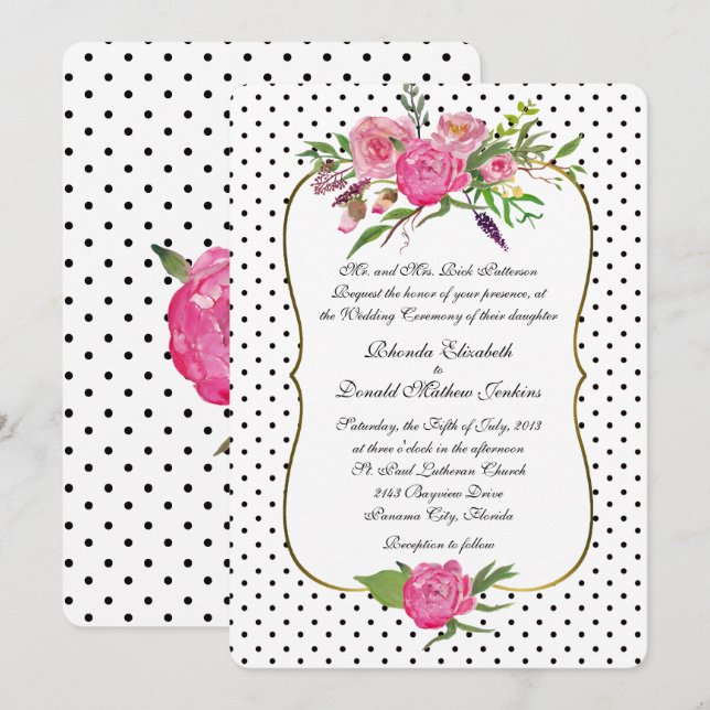 Invitación a la boda de peonies y puntos de polka (Anverso / Reverso)
