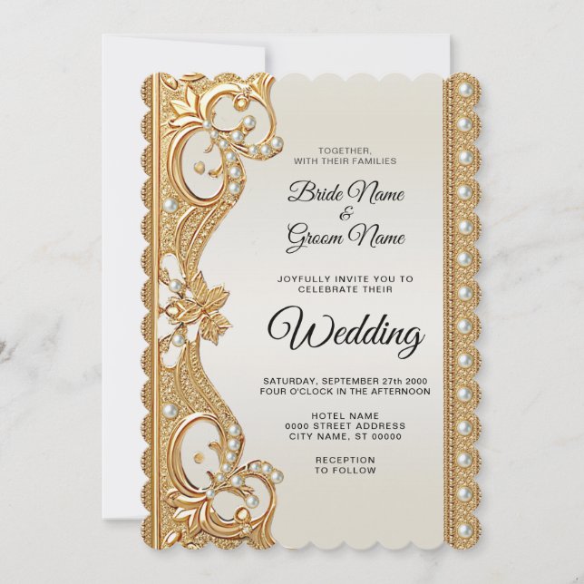 Invitación a la boda de Perlas Blancas Ornadas de  (Anverso)