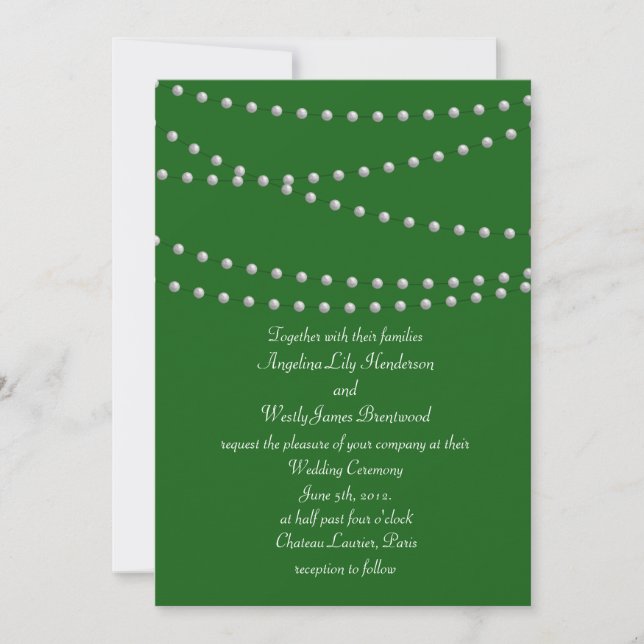 Invitación a la boda de perlas verdes esmeraldas (Anverso)