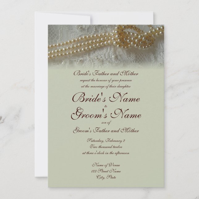 Invitación a la boda de perlas y encajes (formal) (Anverso)
