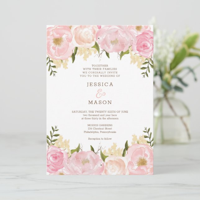 Invitación a la boda de personajes florales rosado (Anverso de pie)