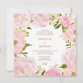 Invitación a la boda de personajes florales rosado